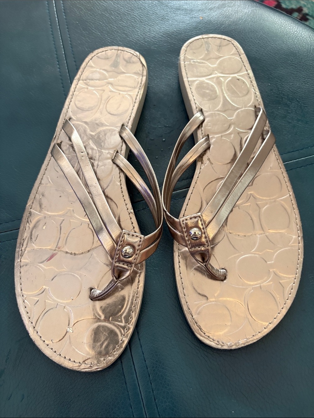 Coach Metallic Rose Gold Signature Thong Sandals